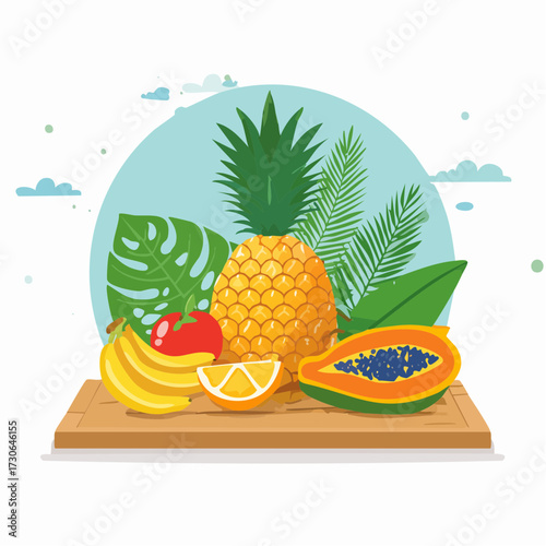 A vibrant collection of tropical fruits and leafy greens artfully arranged on a wooden board, perfect for health and wellness themes