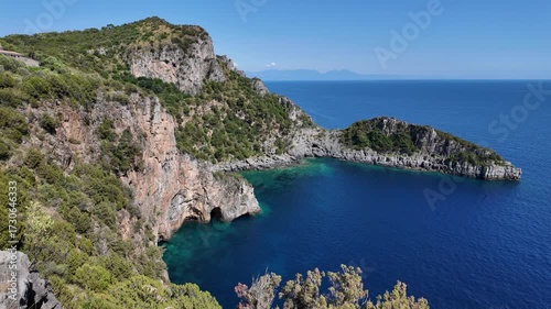 Amazing mediterranean seascape near Marina di Camerota during a sunny summer day. Cilento, Campania, Italy.