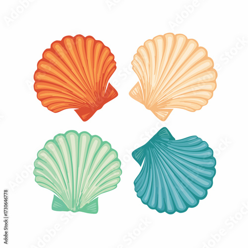 Four colorful scallop shells arranged on a white background, each showcasing intricate details.