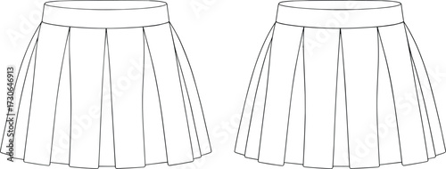 Fashion technical flat vector illustration of pleated skirts with waistband design, wide pleats, narrow pleats, structured garment construction style