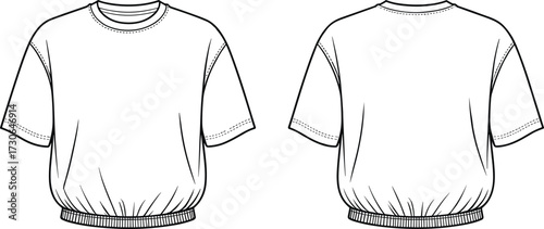 Fashion technical flat vector illustration of short sleeve T shirt with round neckline, elastic waistband hem, loose fit casual design