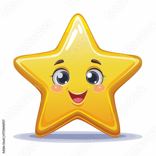 Cartoon illustration of a smiling, golden star with big eyes and rosy cheeks.