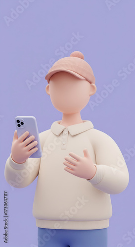 3D Character Holding Smartphone on Soft Pastel Background