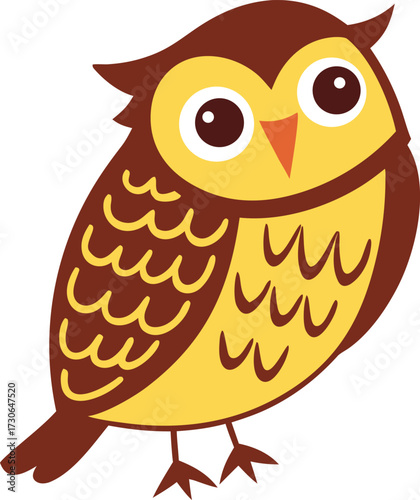 Stylized Cartoon Owl with Ear Tufts. Chocolate Brown and Yellow Owl Vector. Charming Owl Illustration for Kids.
