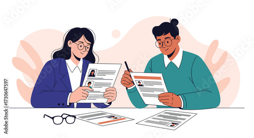 Two people reviewing resumes and papers on a desk.