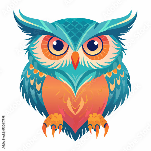 Firefly Vivid Psychedelic Owl Illustration in Symmetrical Design with a Bold Turquoise, Orange, and Golden Color Palette