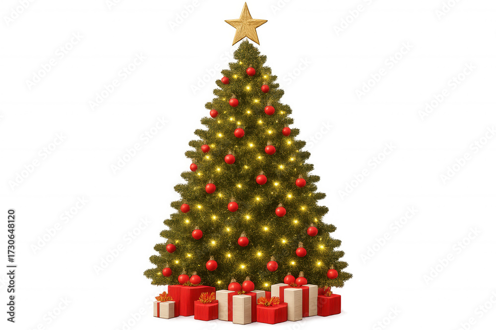 Naklejka premium Christmas tree celebrating holiday season, decorated with golden star, red ornaments, string lights, and wrapped gift boxes