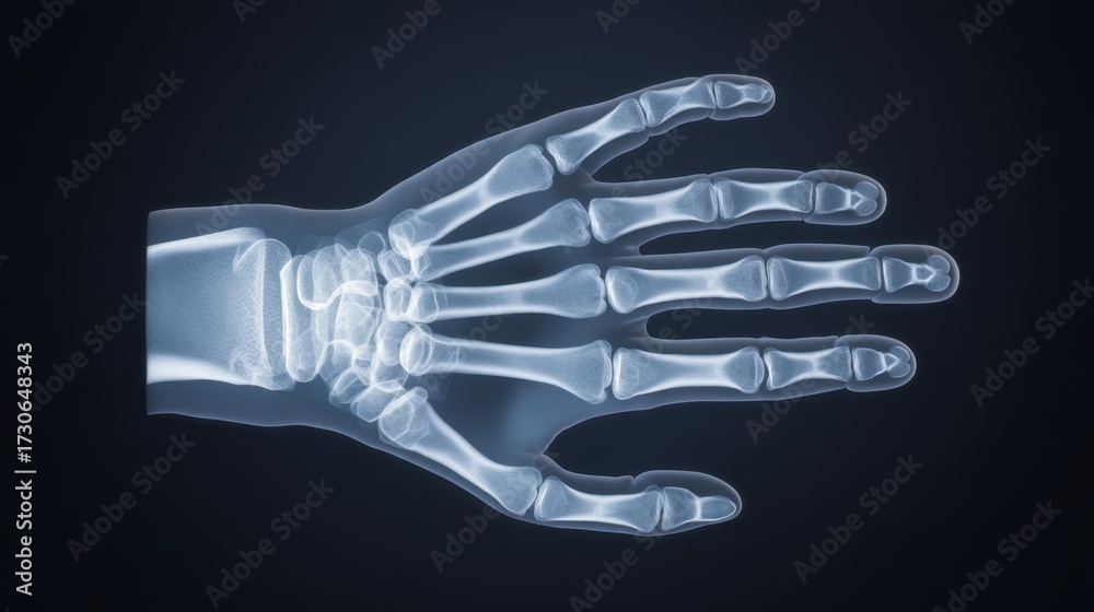 Naklejka premium Detailed X-ray Image of a Human Hand, Showing Bones, Joints, and Structure for Medical and Educational Use in Anatomy Studies and Health Resources
