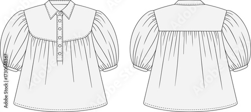 Fashion technical flat vector illustration of blouse with yoke design, button placket, voluminous gathered sleeves, pointed collar, flared hemline silhouette