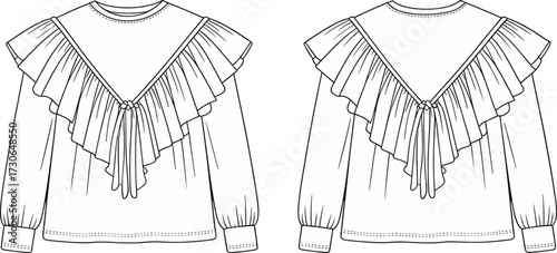 Fashion technical flat vector illustration of long sleeve blouse with dramatic V ruffle detail, gathered cuffs, feminine vintage inspired design