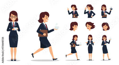 Businesswoman performing various actions and expressing different emotions.