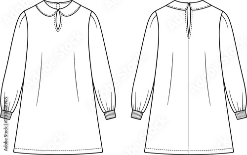 Women’s dress technical flat vector illustration with Peter Pan collar, keyhole neckline, puff long sleeves, ribbed cuffs, straight hem, back seam
