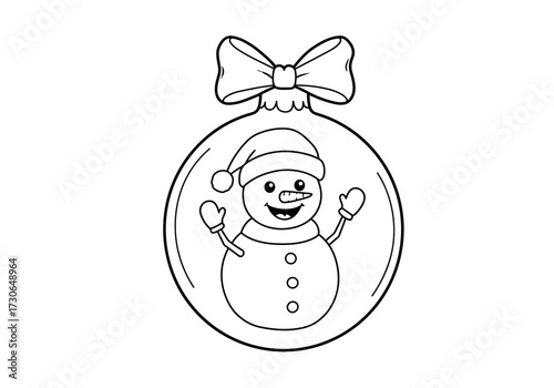 Cheerful snowman inside Christmas ornament with bow, black-and-white line art for coloring
