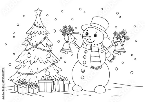 Joyful snowman with bells beside Christmas tree and presents, black-and-white line art for coloring
