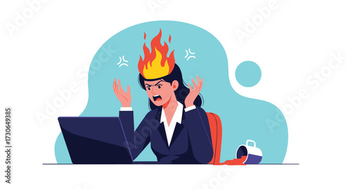 Businesswoman sitting at her desk with her head on fire feeling frustrated.