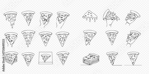 Collection of outlined pizza slice illustrations, some held by hands, on a transparent background.