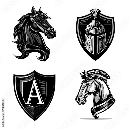 Majestic horse head illustrations and medieval shield vectors. Heraldic designs, knight helmet, strong animal, and emblem elements.