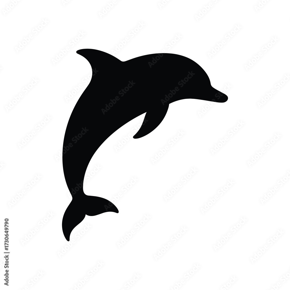 Fototapeta premium Minimal vector silhouette of jumping dolphin, solid black design isolated on white
