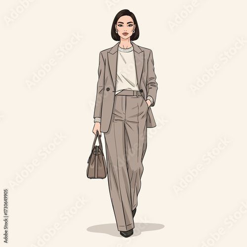 Fashion illustration of a stylish woman in a modern beige pantsuit with a handbag.