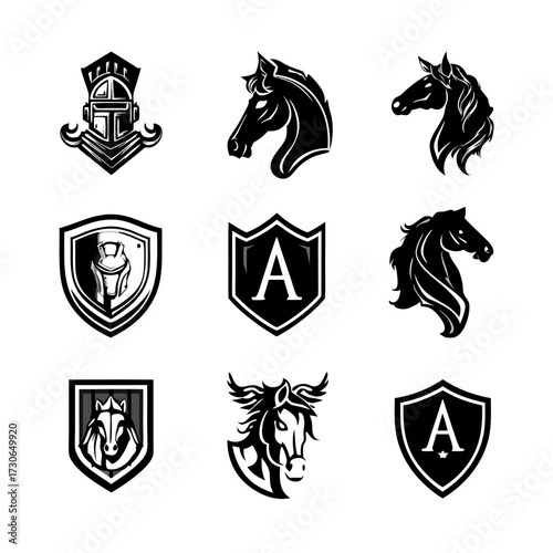 Collection of heraldic horse head, knight helmet, and shield designs. Vintage monochrome emblem set for medieval and equestrian themes.