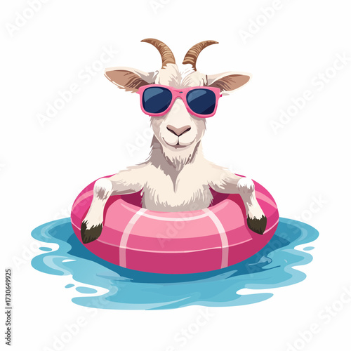 A cartoon goat wearing sunglasses, relaxing in a pink inflatable ring in the water, enjoying summer.