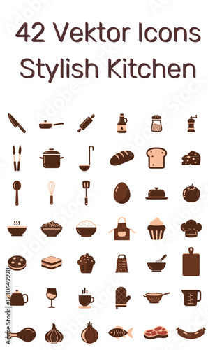 Vector kitchen icons in chocolate and pale coral colors for culinary and cooking concepts
