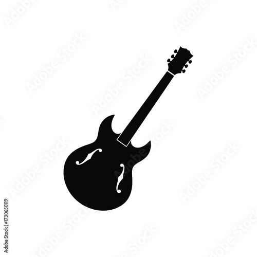 Minimal vector silhouette of vintage semi-hollow electric guitar with f-holes, solid black