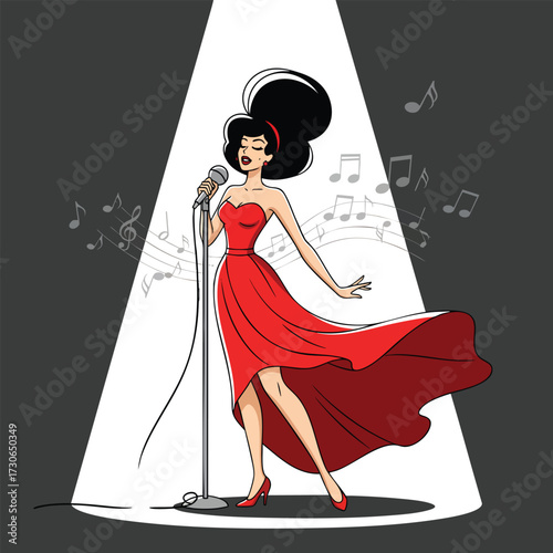 Glamorous cartoon female singer in a flowing red dress performing on stage under a spotlight.