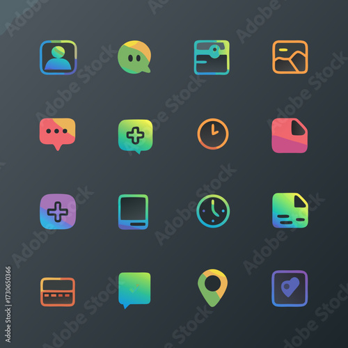 Modern Colorful Gradient UI/UX Icons Set on Dark Background. Collection of Minimalist Digital Interface Elements for Web & App Design