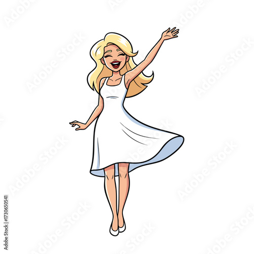 Happy cartoon blonde woman in a flowing white dress waving her hand.