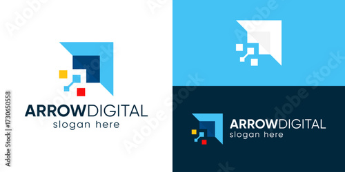 Creative modern arrow digital logo template. Abstract arrow with digital symbol for technology logo design vector illustration.