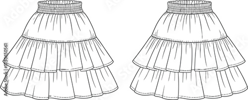 Vector flat fashion sketch of tiered skirt with elastic waistband, three gathered layers, flared silhouette, ruffle design, garment illustration