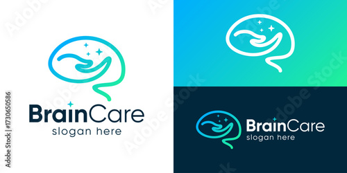 Creative modern brain care logo template. Simple brain with hand for Mind health logo design vector illustration.