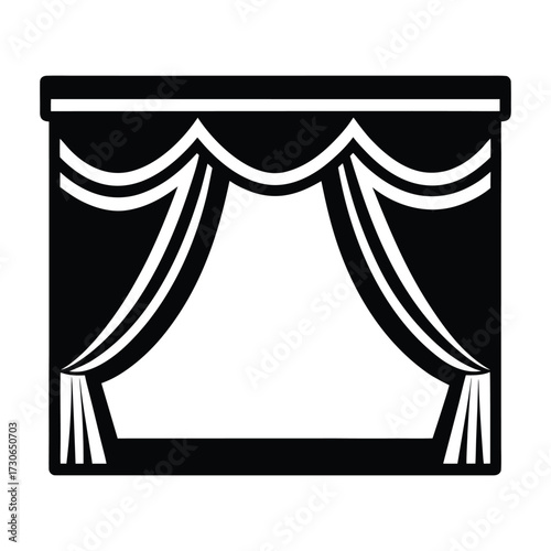 Black and white graphic of stage curtains opening theater opera