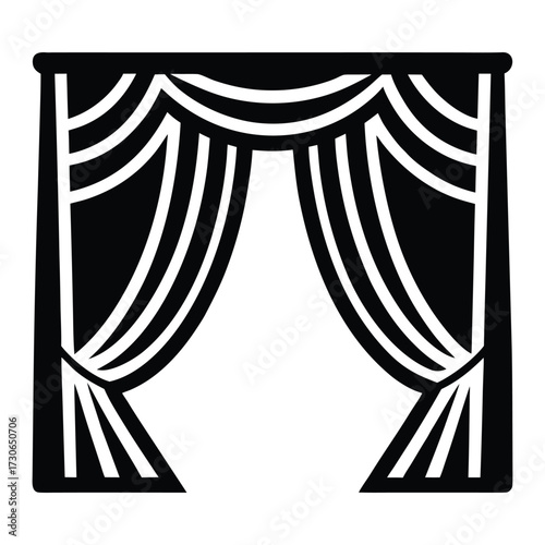 Black and white graphic of stage curtains opening to reveal white space theater