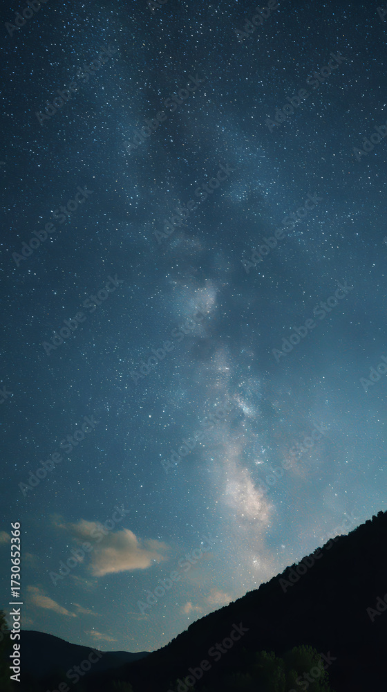 Fototapeta premium Star night sky mountain Milky Way landscape astronomy silhouette dark peaceful twinkle cosmic serene nature outdoor universe galaxy stargazing tranquil scenic celestial blue space cloud dusk