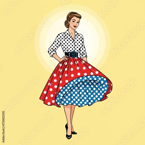 Retro pop art illustration of a stylish woman in a 1950s polka dot outfit.