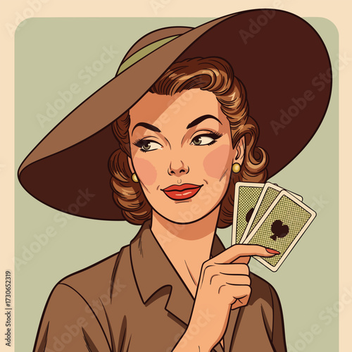 Retro pop art illustration of a stylish woman in a large brown hat holding two playing cards.