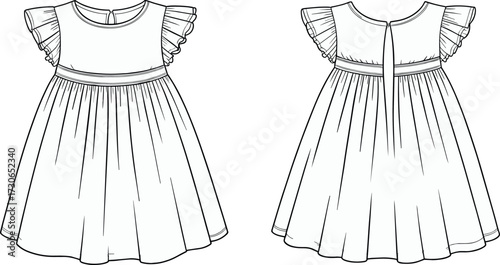 Vector flat fashion sketch of girl dress with round neckline, ruffle short sleeves, fitted bodice, gathered waist, flared skirt design