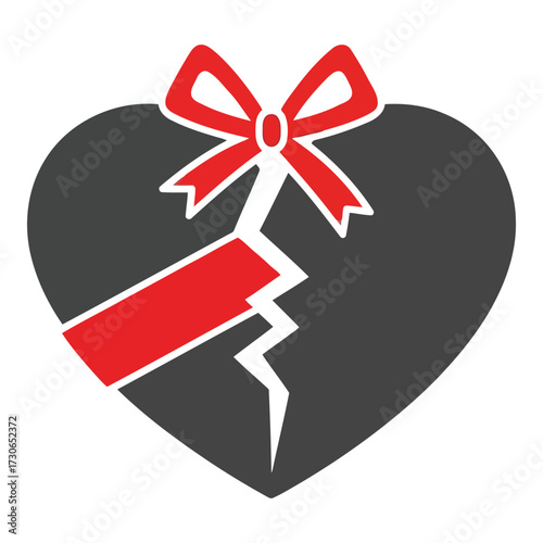 Vector art of broken heart with red ribbon and bow, symbolizing heartbreak