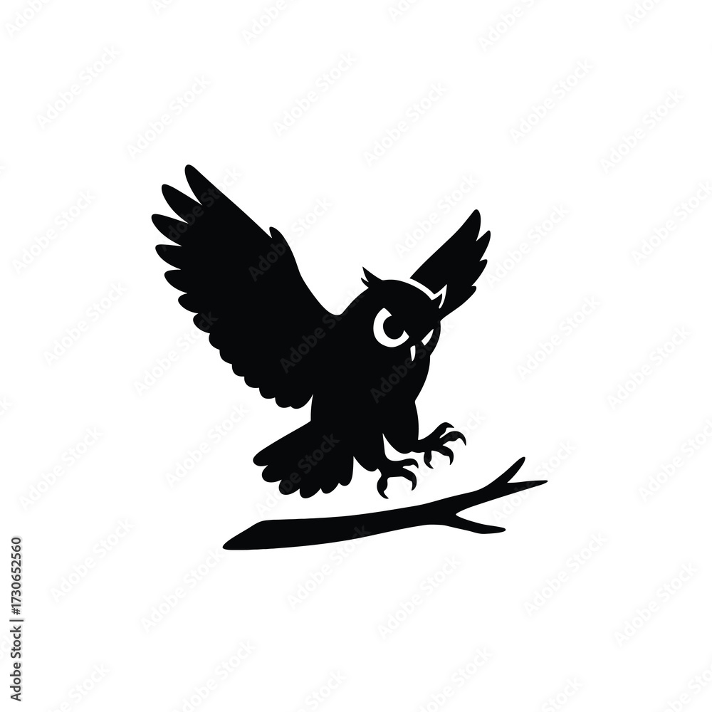 Obraz premium Swooping Owl Silhouette Vector – Talons Forward Over Branch, Minimal Black