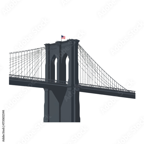 An iconic Brooklyn Bridge in New York City is depicted in a clean, minimalist flat 2D vector illustration, standing out against a plain white background.