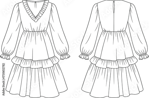 Vector fashion flat sketch of elegant long sleeve tiered ruffle dress with puff sleeves, V neckline, gathered skirt design