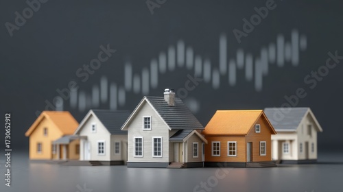 Miniature houses on table with background showing upward trend graph representing real estate market growth and investment opportunities for buyers