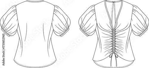 Vector technical flat illustration of women blouse with puff short sleeves, deep V neckline, ruched drawstring front, bow tie detail