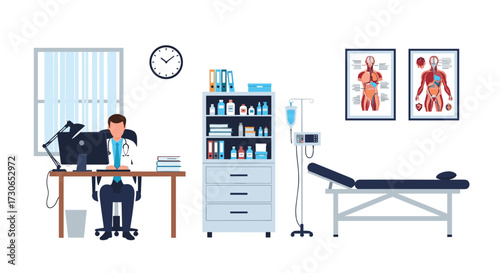 A doctor's office with medical equipment and anatomical charts.