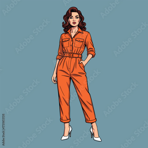 Stylish woman with dark hair wearing a fashionable orange jumpsuit and white high heels.