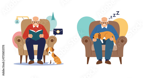 An elderly man sitting in an armchair reading a book next to his dog and later sleeping with his dog on his lap.
