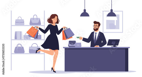 A happy customer pays for shopping bags at the checkout counter.