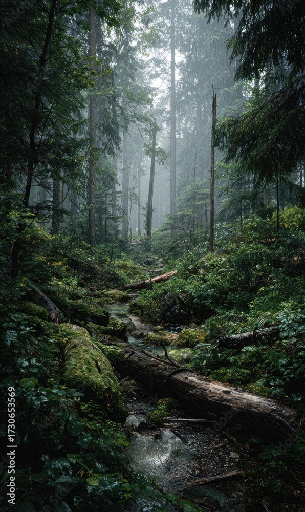 Obraz premium Misty forest path, a small stream flows through fallen logs and lush green vegetation under a canopy of tall trees in a foggy, tranquil scene